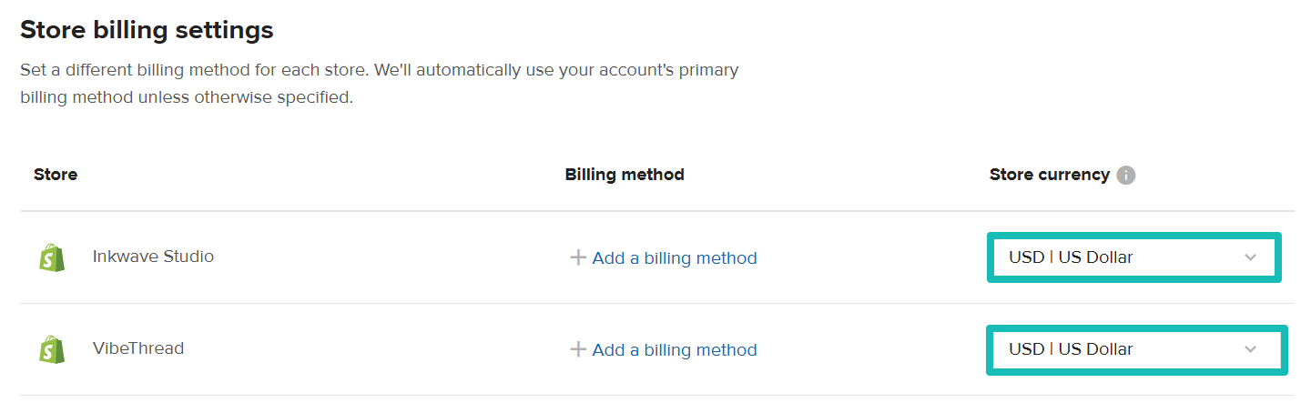 Printful Store billing settings with the Store currency dropdown menu highlighted.