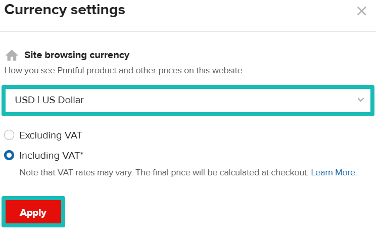 Currency settings menu with the Site browsing currency dropdown and Apply button highlighted.