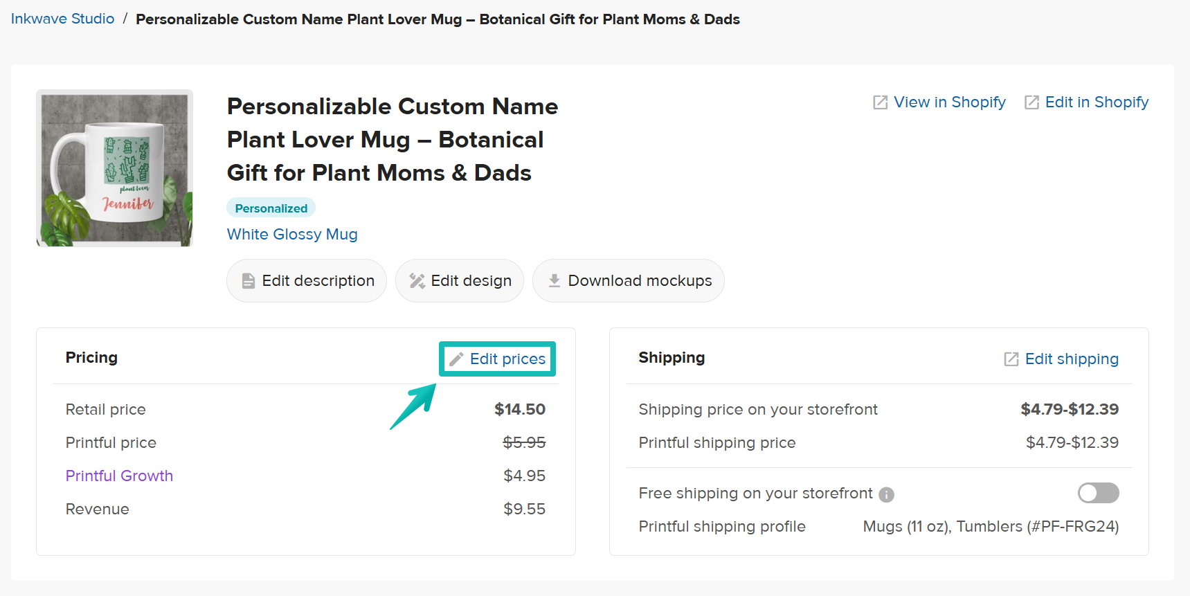 Screenshot of Edit prices button