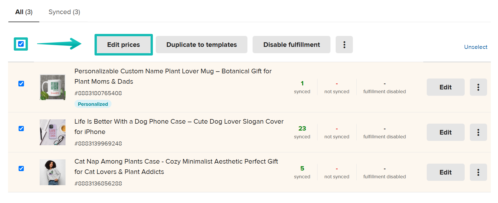 Screenshot of selecting products in bulk
