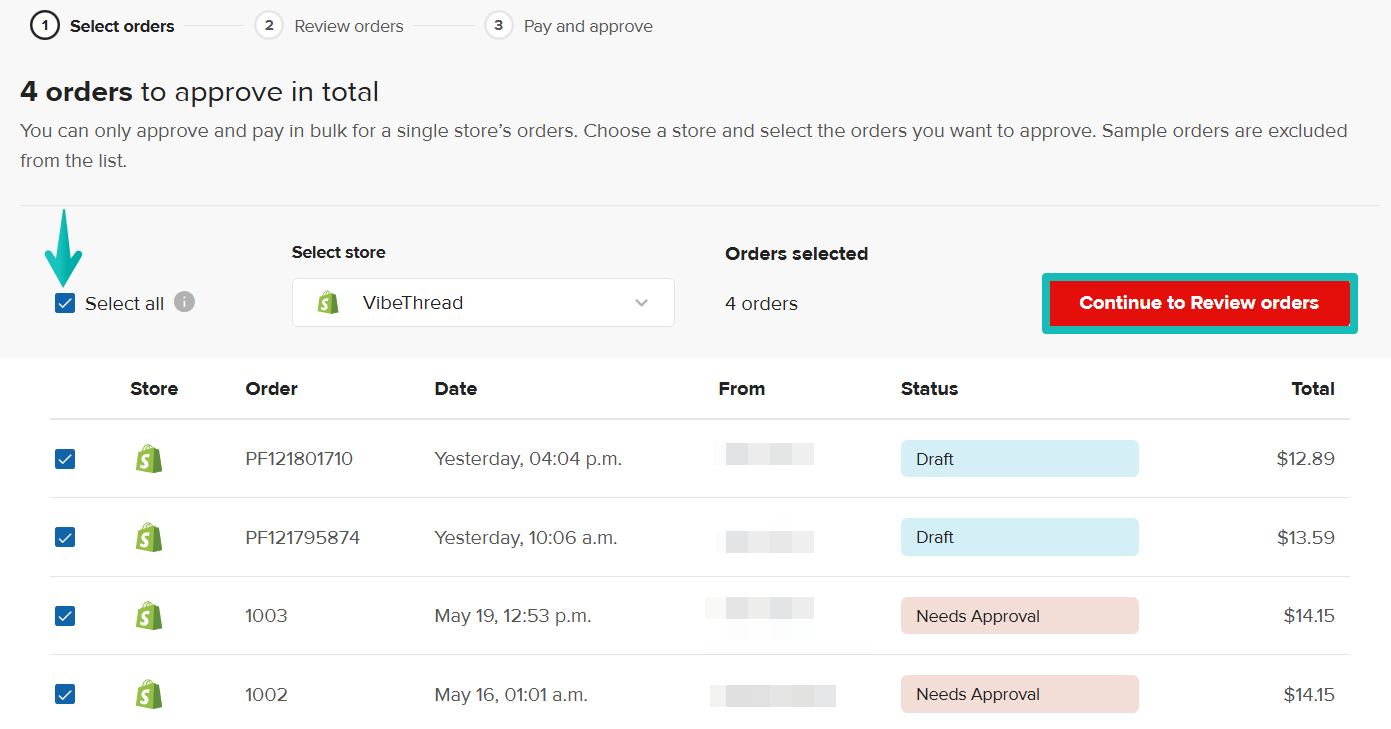Select orders to approve in bulk