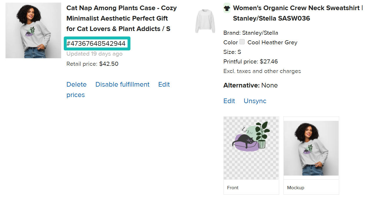 Variant ID in the Printful account