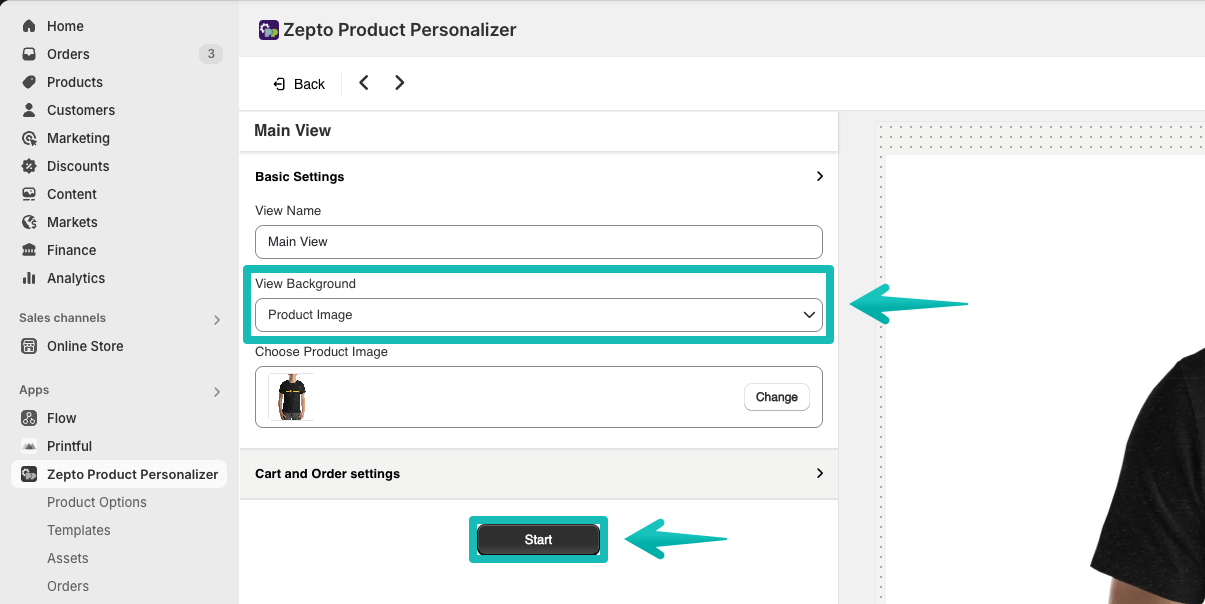 Zepto product editor with Start button