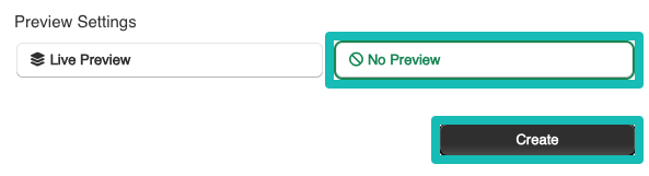 Popup menu with No preview selected and Create button