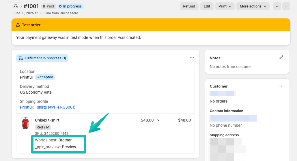Shopify order view with customer details highlighted