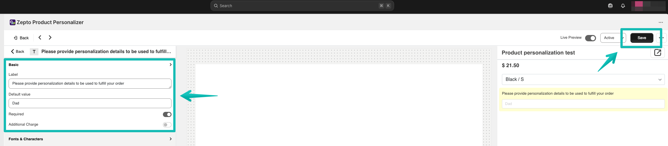 Placeholder Label and Default value fields in product editor