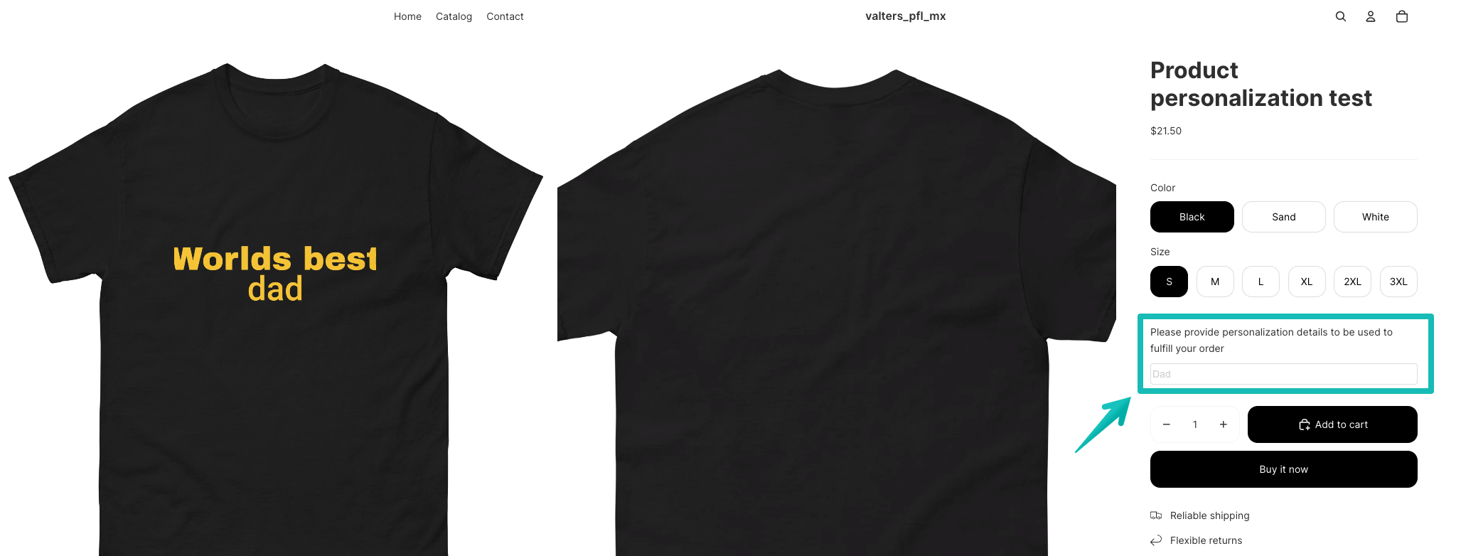 Preview of product page with a field for customer personalization details