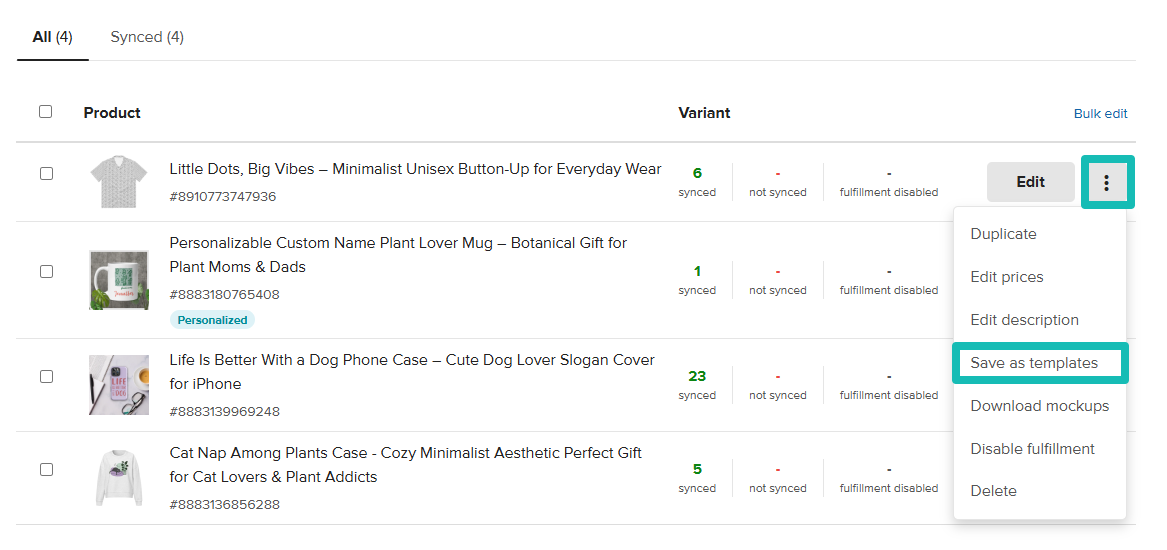 Save as templates button in the products list