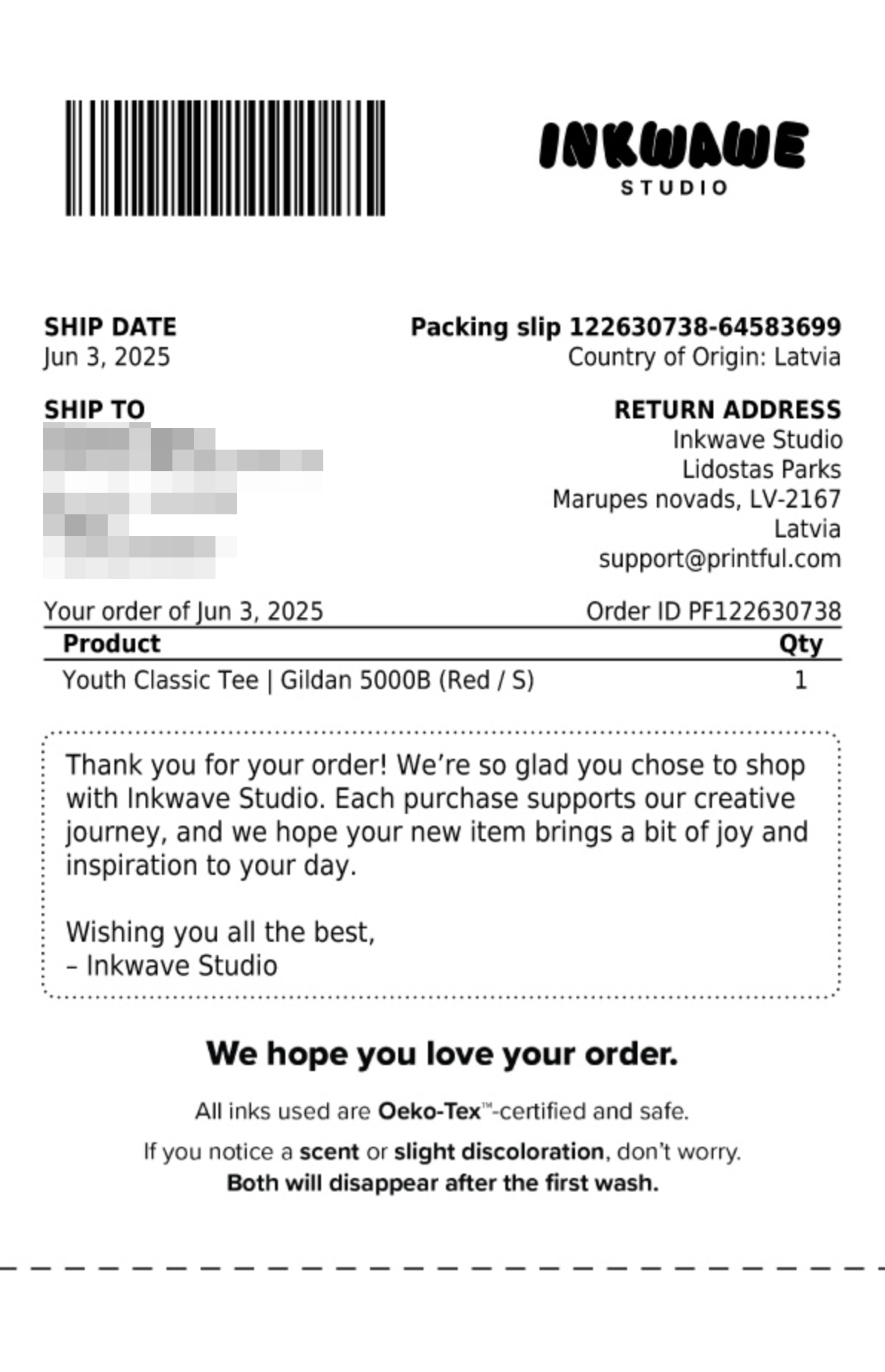 Example of a packing slip with a custom message