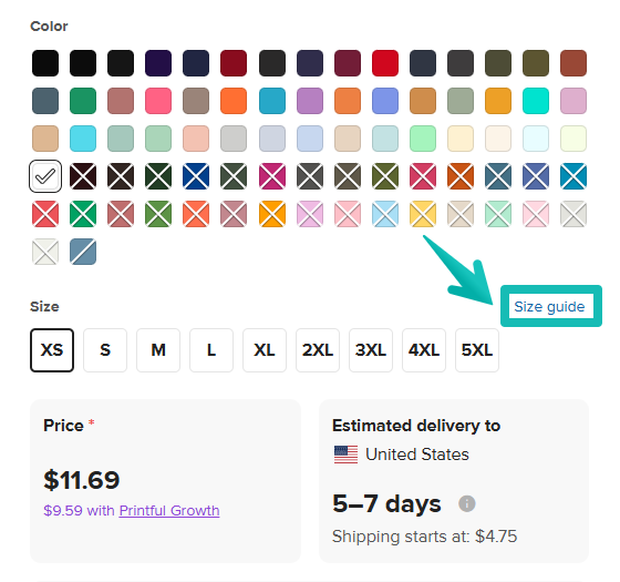 Size guide button on the product page