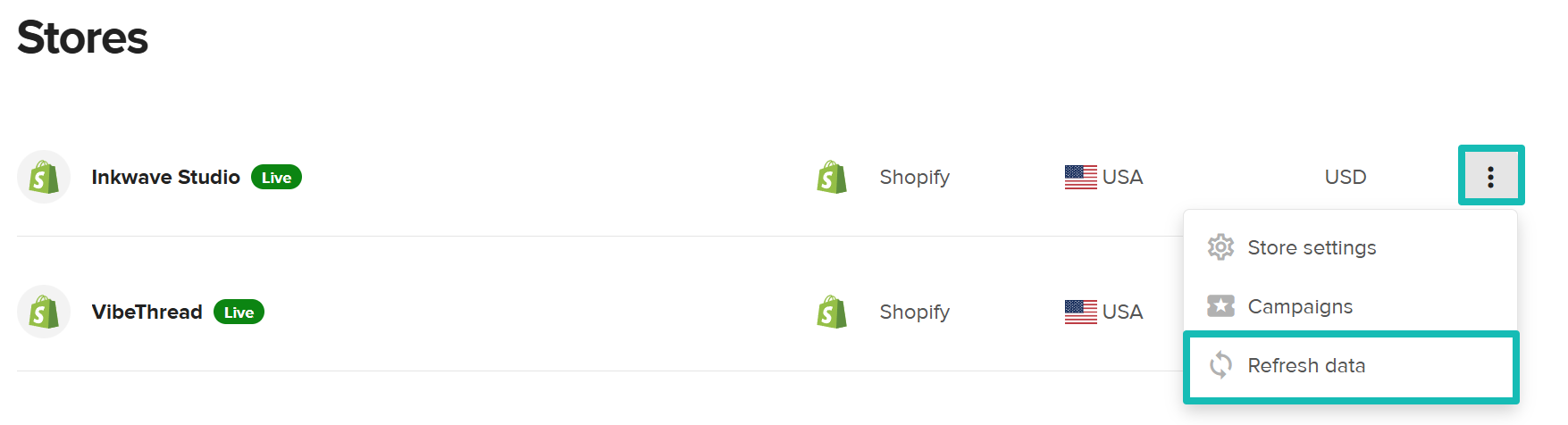 Refresh data button under three-dot menu