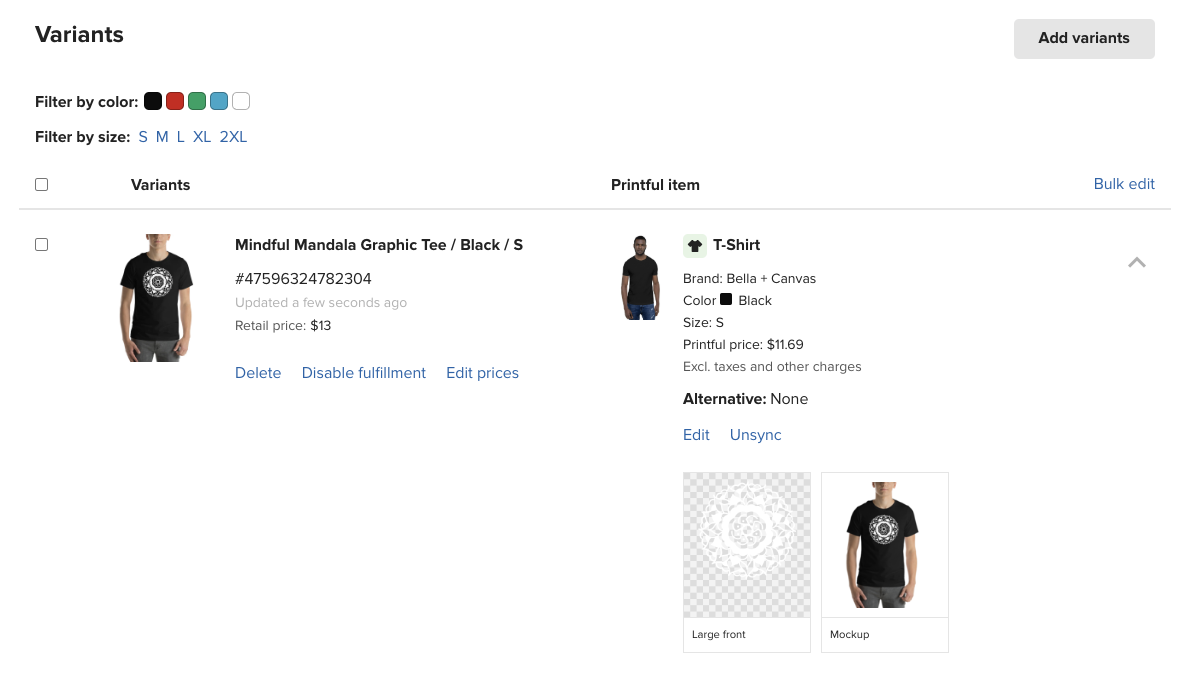 Product edit view showing updated print files and mockups