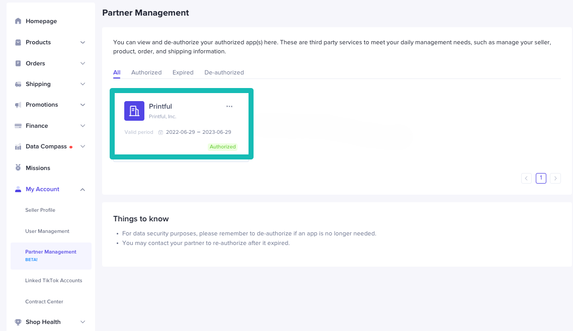 Partner management TikTok Shop setting