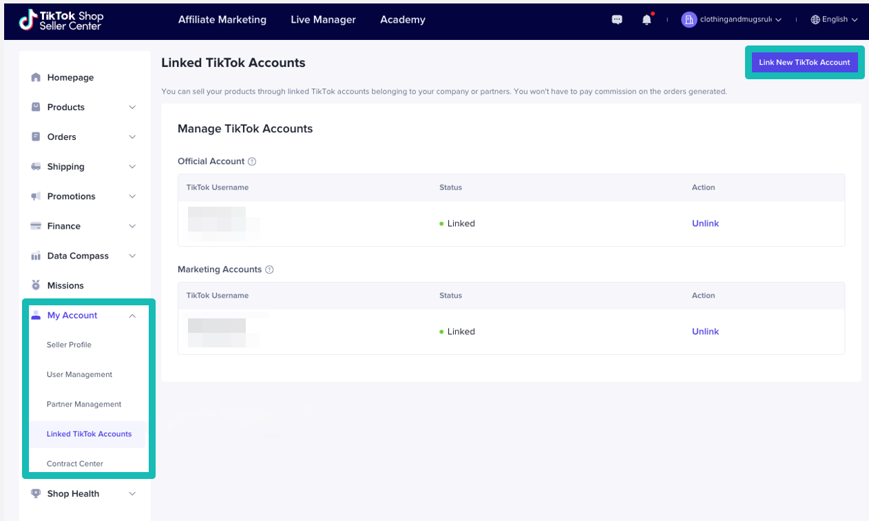 TikTok Shop Linked TikTok accounts