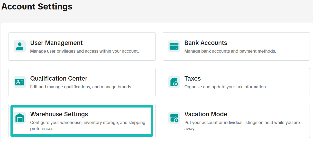 Account Settings - Warehouse Settings UK
