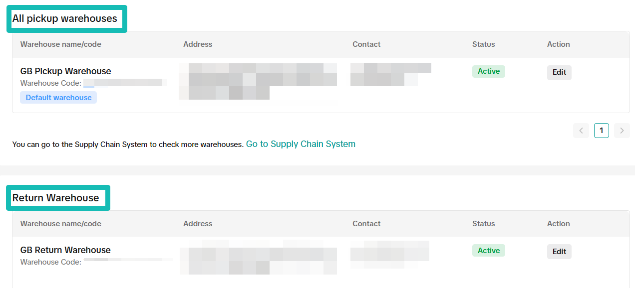 Pickup/Return Warehouses UK