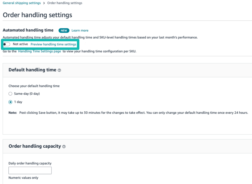 Order handling settings Amazon