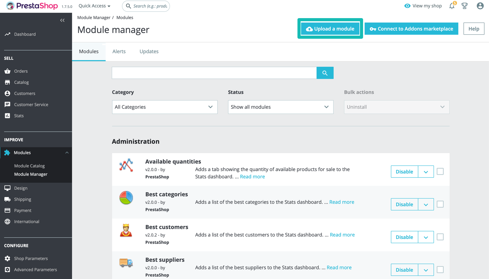 Module manager PrestaShop