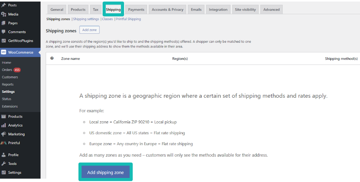 Add shipping zone WooCommerce