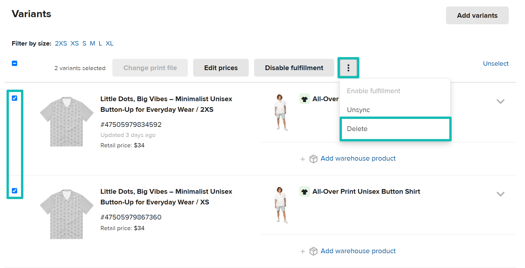 Schaltfläche Löschen beim Auswählen mehrerer Varianten