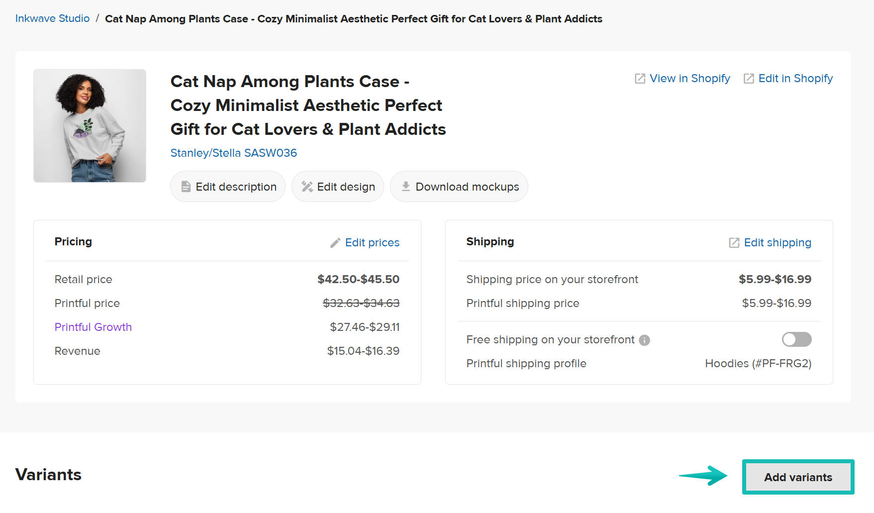 Pulsante Aggiungi variante nella pagina di modifica prodotto