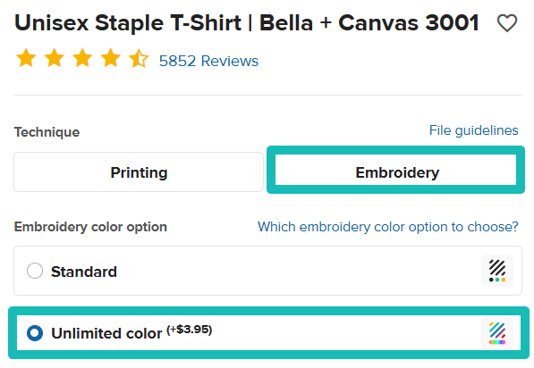 Unlimited embroidery selection in the Product Catalog