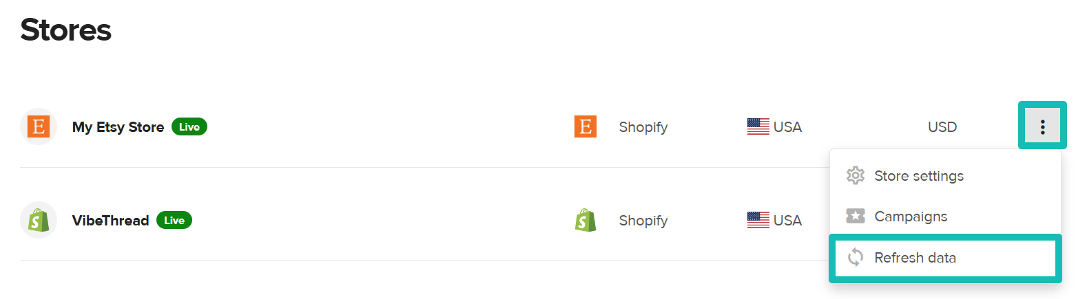 Synchronisation manuelle via le menu à trois points dans la section Boutiques
