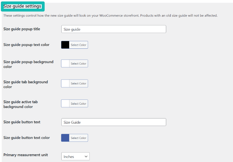 Size guide settings WooCommerce