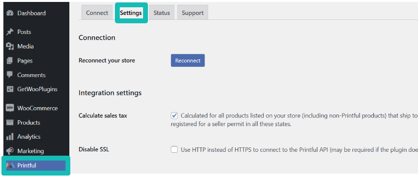 Settings tab WooCommerce