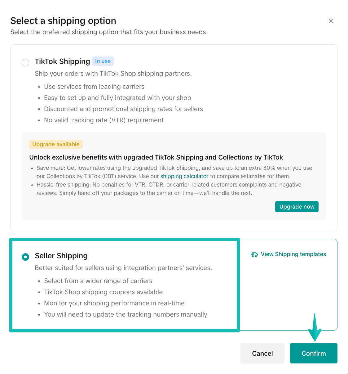 Pop-up window when switching shipping option with Confirm button.