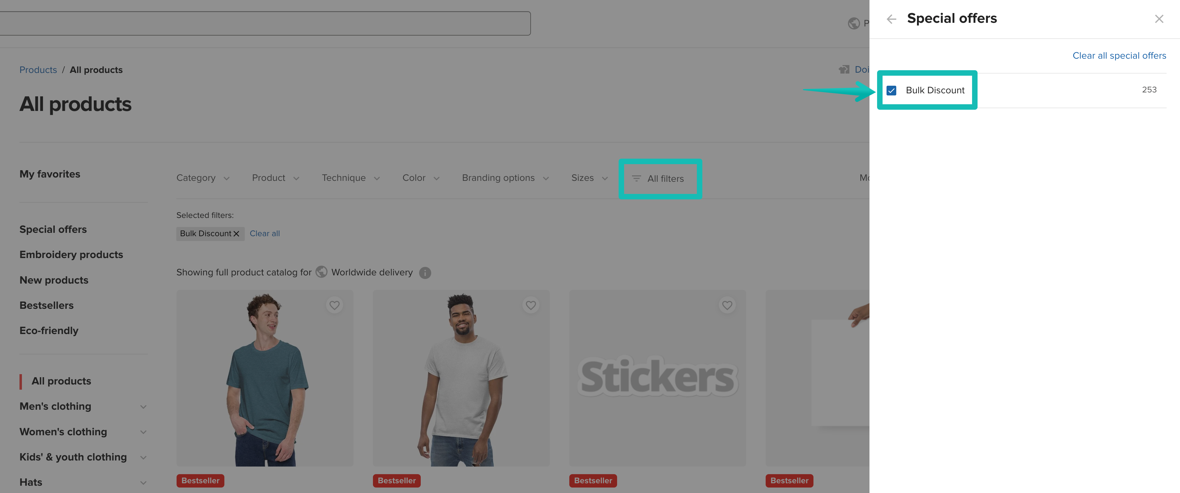 Printful catalog page with the Bulk Discount filter enabled.