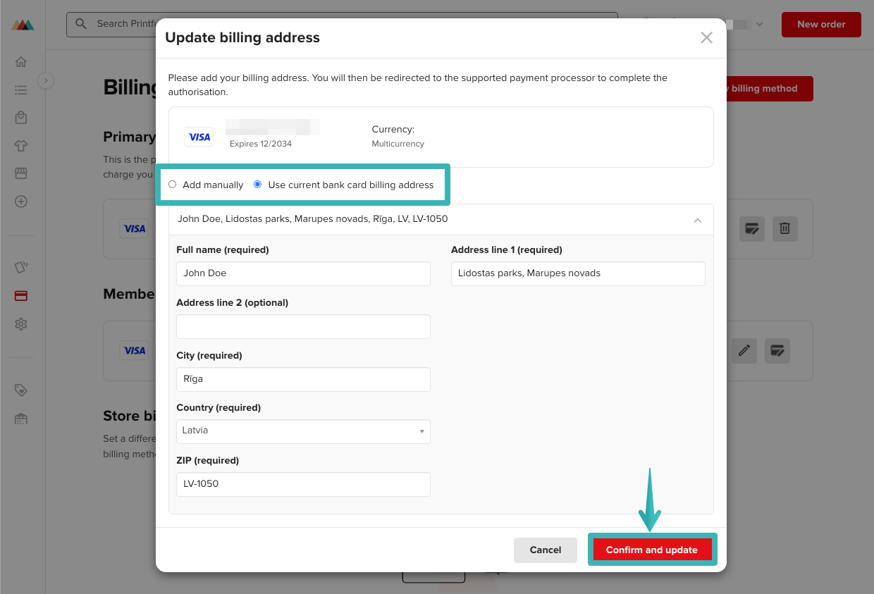 Pop-up window titled "Update billing address" where the user can enter a new address for an existing payment method.