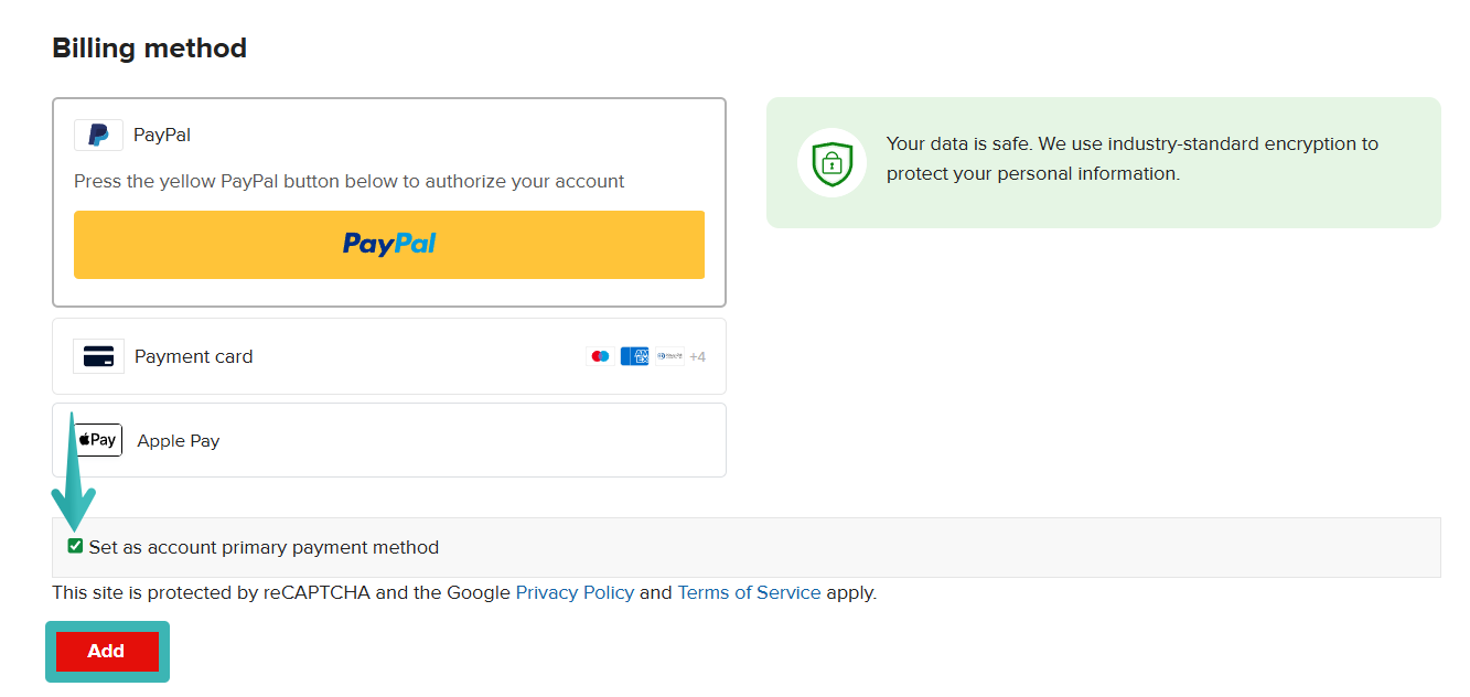 Printful Billing methods page showing the "Add a new billing method" form with the checkbox highlighted next to "Set as account primary payment method".