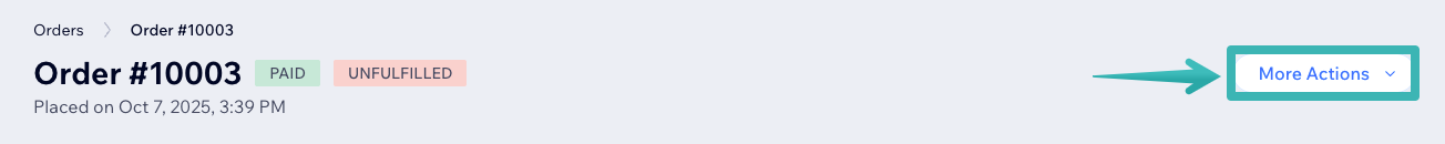 Wix order status bar, highlighting the More Actions button.