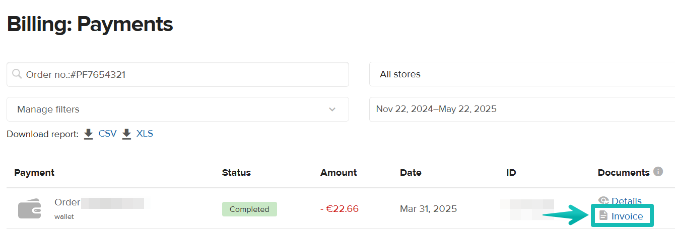 Abrechnungsbereich im Printful-Dashboard mit Bestelltransaktion und Downloadoption für Rechnungen.