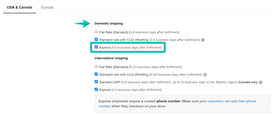 Opción de envío exprés en la configuración de la tienda