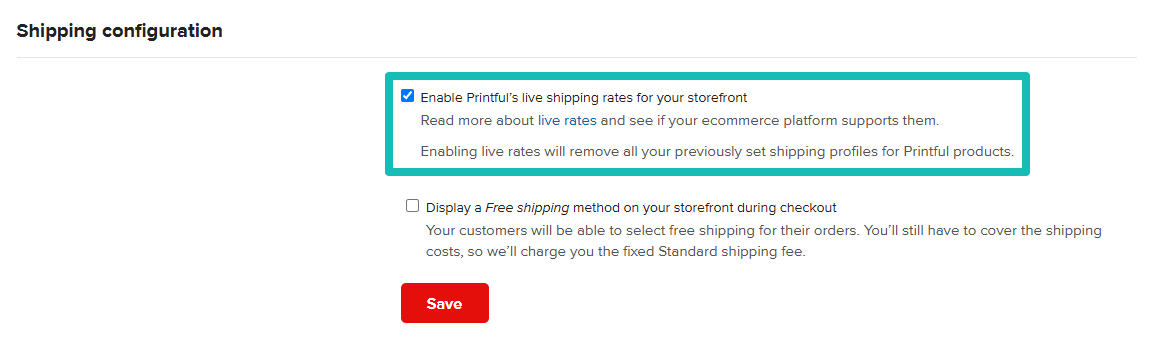 Casella Tariffe in tempo reale nelle impostazioni del negozio