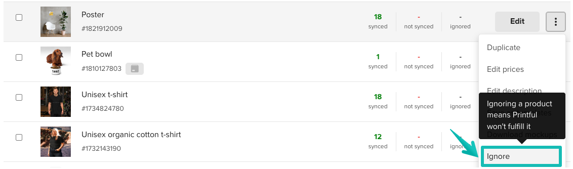 Ignore product button in the store product view.