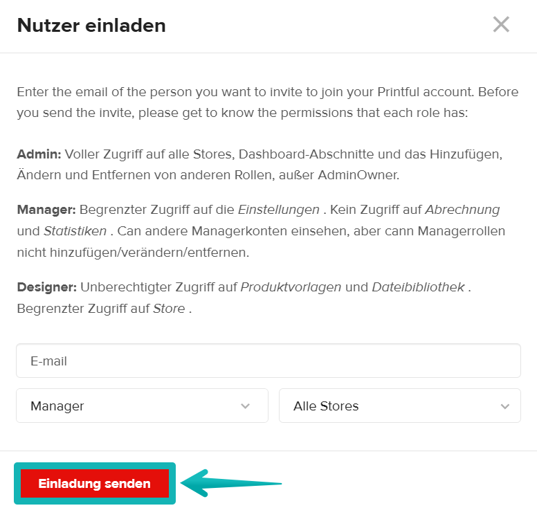 Fenster zum Einladen eines Nutzers in Printful mit Rollen-, Store-Auswahl und Senden-Button.