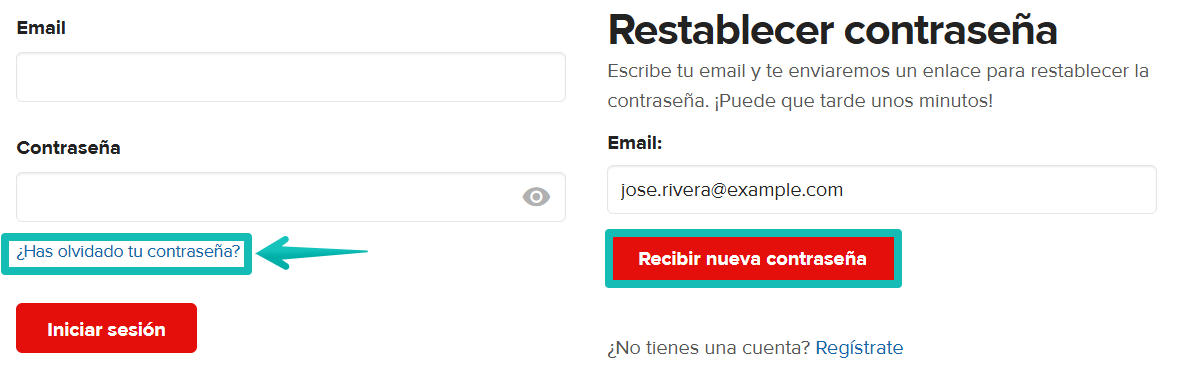 Página de inicio de sesión con el enlace ‘¿Olvidaste tu contraseña?’ y el formulario para enviar el correo de restablecimiento.