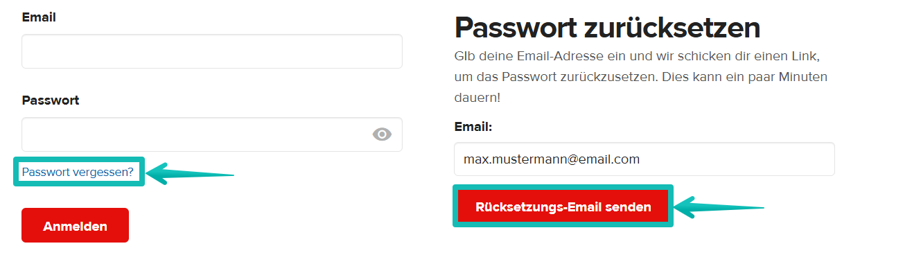 Anmeldeseite mit dem Link ‚Passwort vergessen?‘ und dem Formular zum Senden der E-Mail zum Zurücksetzen.