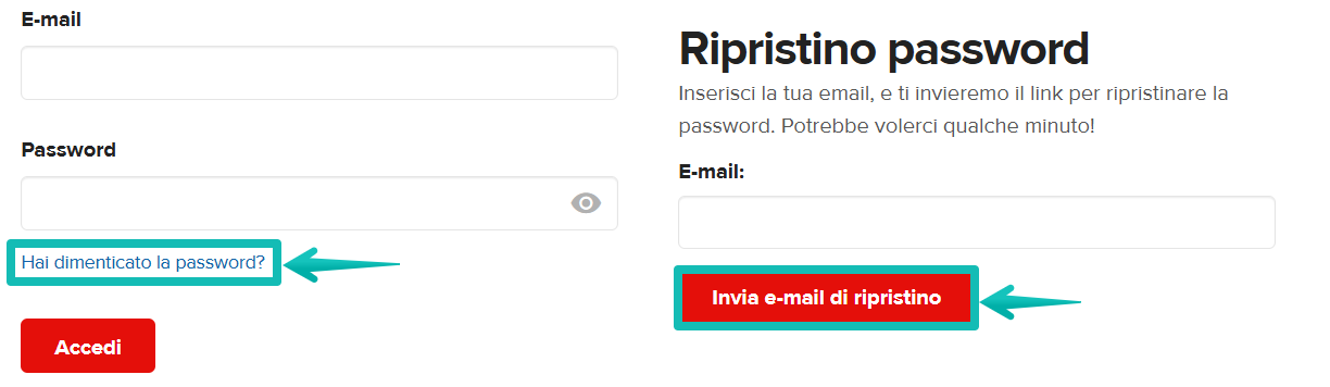Pagina di accesso con il link ‘Password dimenticata?’ e il modulo per inviare l’email di reimpostazione.