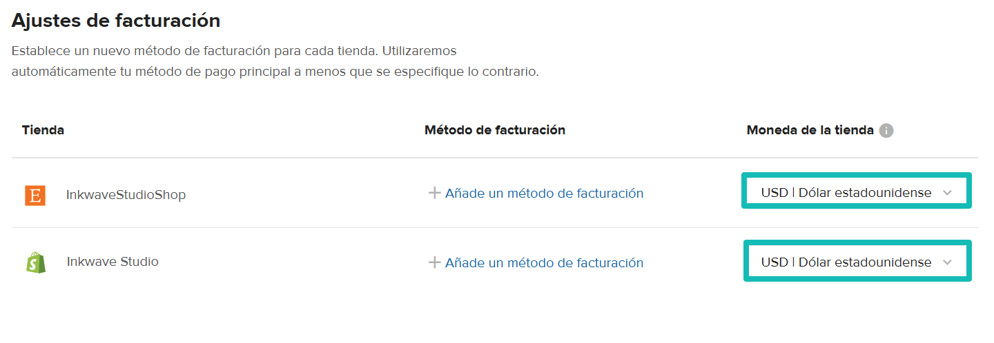 Configuración de facturación de la tienda de Printful con el menú desplegable de moneda de tienda resaltado.