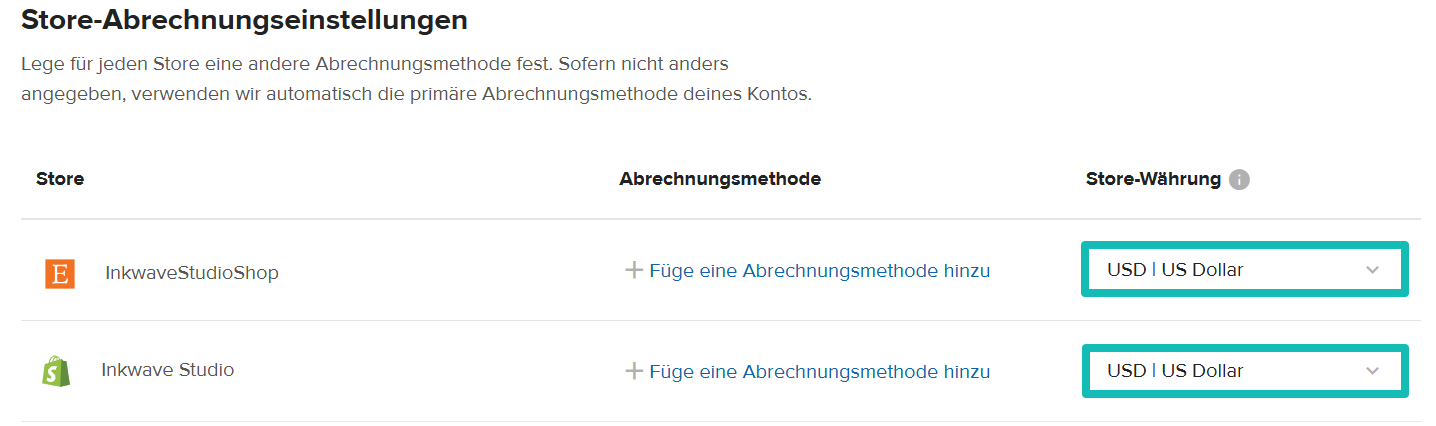 Printful Shop-Abrechnungseinstellungen mit hervorgehobener Dropdown-Liste für die Shop-Währung.