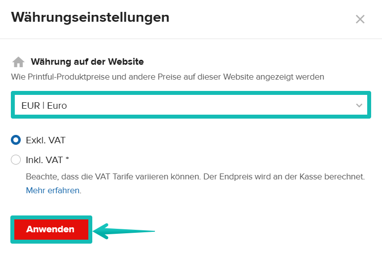 Menü der Währungseinstellungen mit hervorgehobener Dropdown-Liste für die Website-Währung und der Schaltfläche Übernehmen.