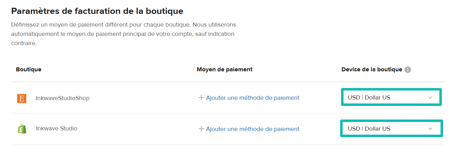 Paramètres de facturation de la boutique Printful avec le menu déroulant de devise de la boutique mis en évidence.