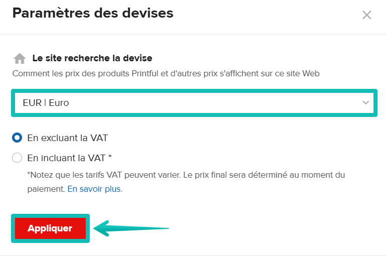 Menu des paramètres de devise avec la liste déroulante de devise de navigation du site et le bouton Appliquer mis en évidence.