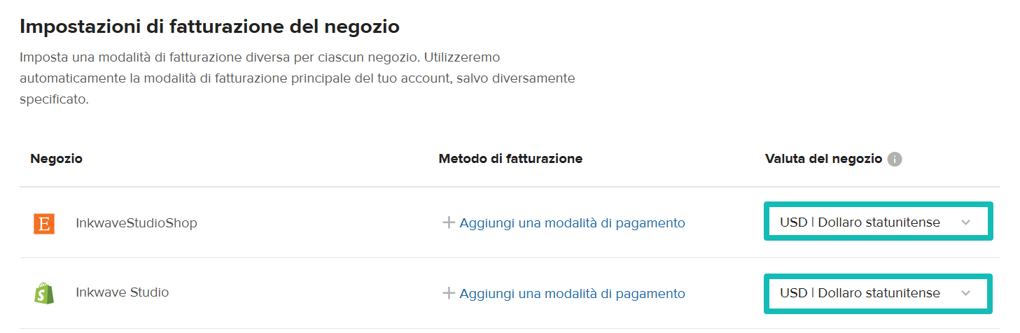 Impostazioni di fatturazione del negozio Printful con il menu a discesa della valuta del negozio evidenziato.