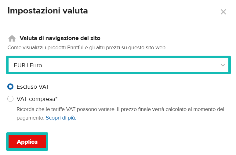Menu impostazioni valuta con menu a discesa della valuta del sito e pulsante Applica evidenziati.