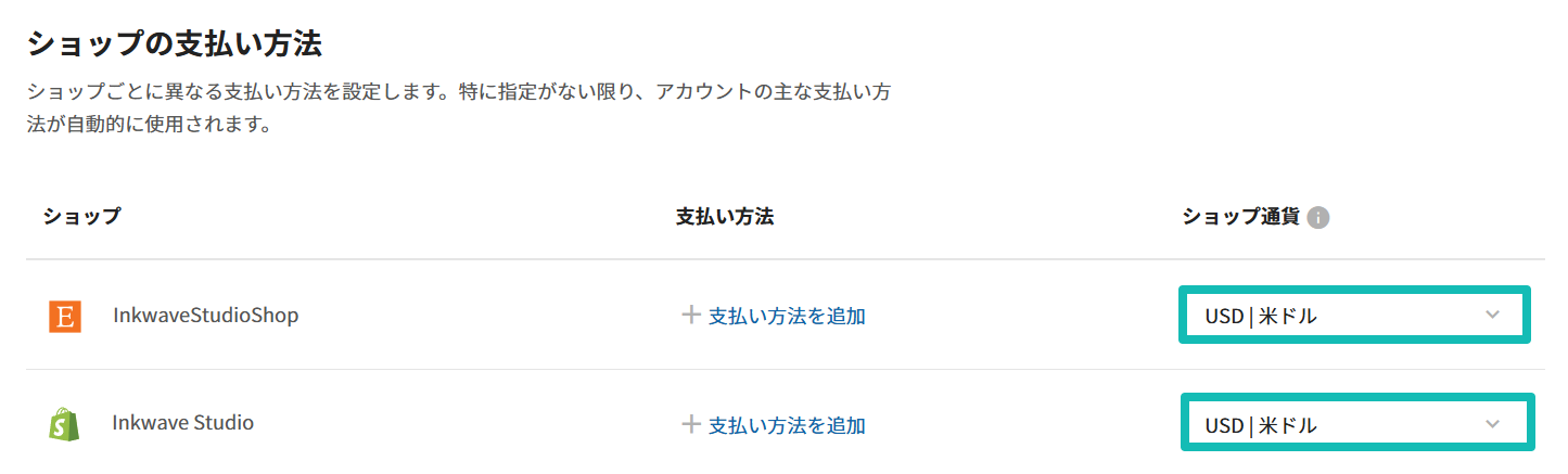 Printfulのストア請求設定で、ストア通貨のドロップダウンメニューがハイライトされています。